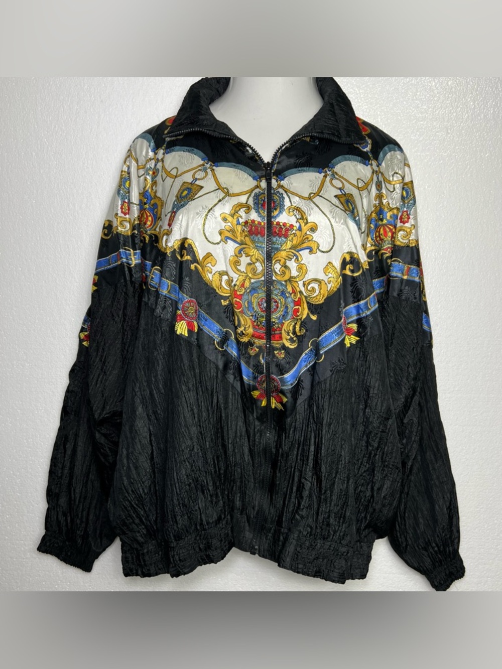 South Harbour Baroque Print Windbreaker 2X Vintage 90s Chain Scarf Zip Nylon Ret